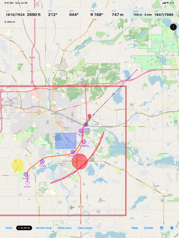 The whole flight on the competition map: flown track, every task target in order, prohibited zones and the contest boundary
