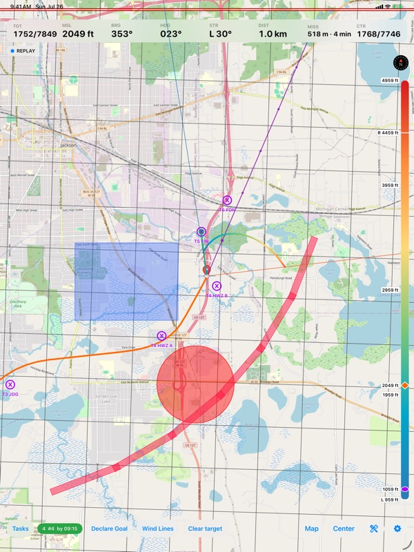 The wind cone: measured drift by altitude over a forecast sounding, with the AGL scale bar